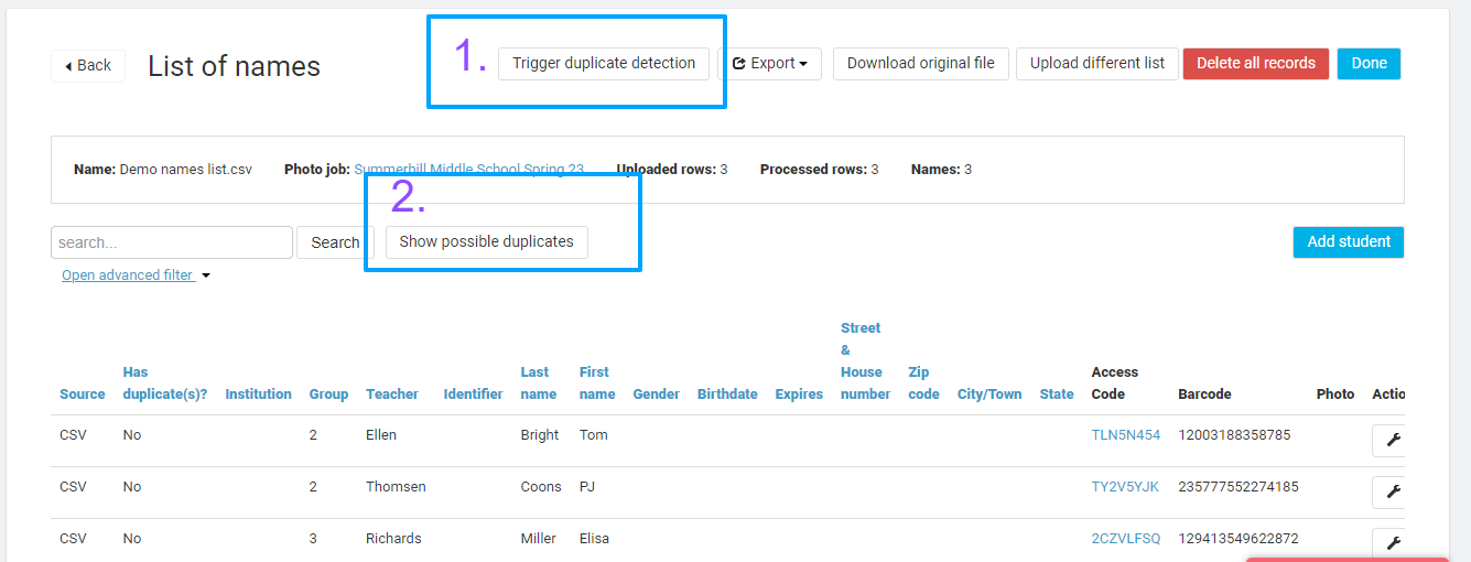 List of names screen showing options for 'Trigger duplicate detection' and 'Show possible duplicates', both highlighted.