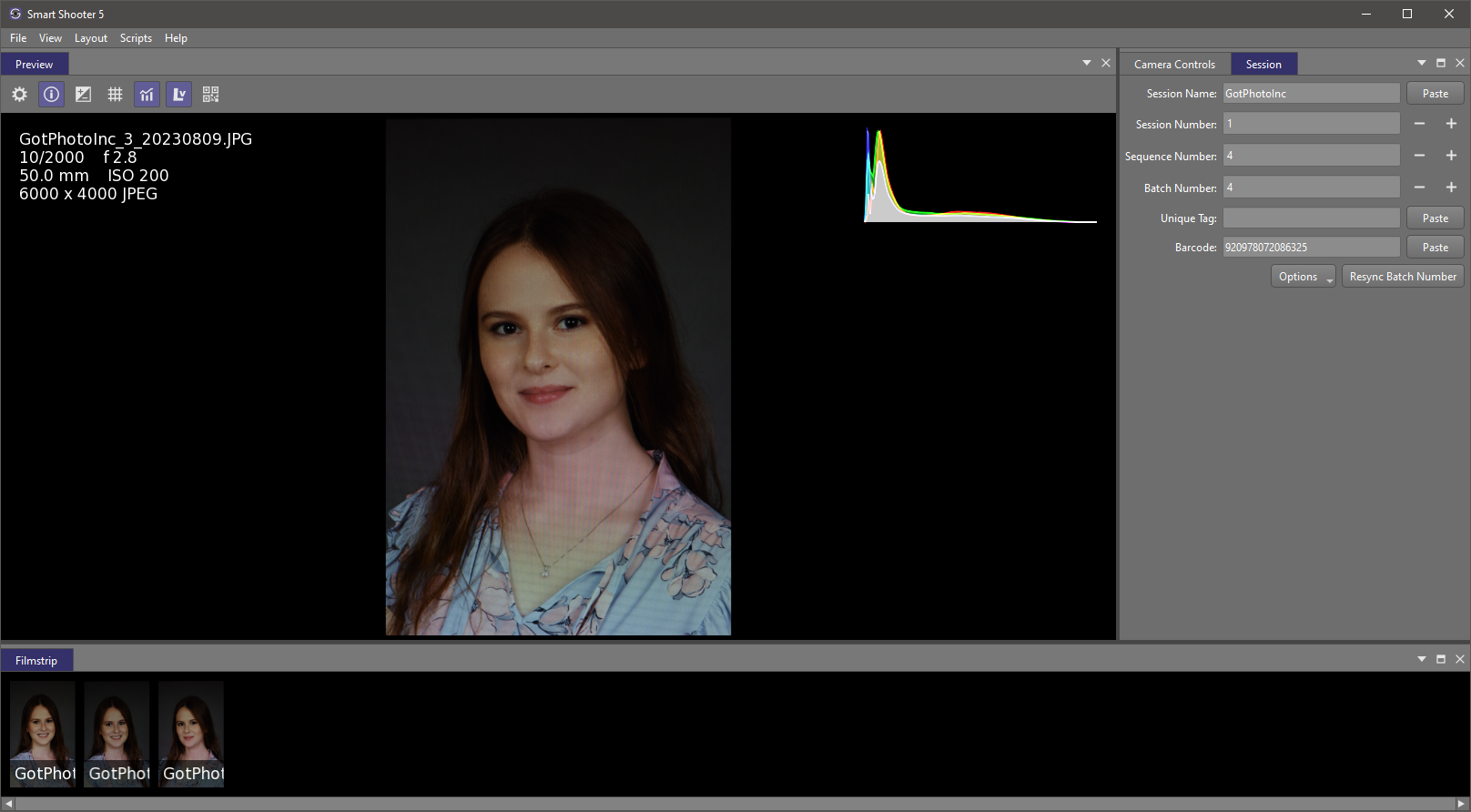 Tethered preview of captured headshot