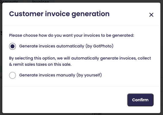 Invoice generation choice popup