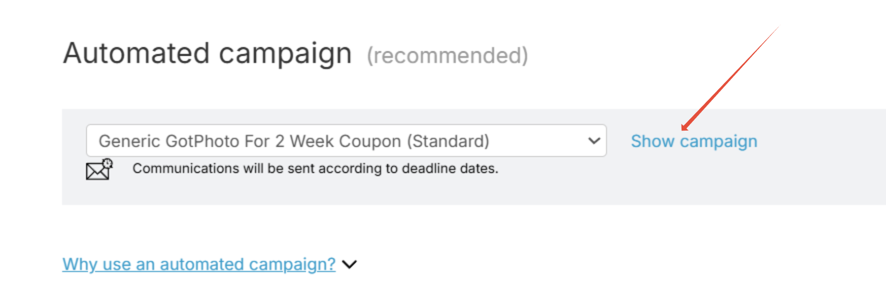 Arrow pointing to 'Show profile' next to automated campaigns selection.