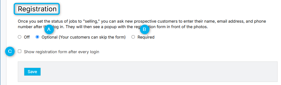 Registration form settings: optional, required, show on each login