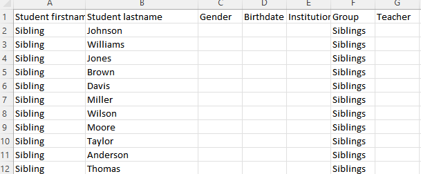 Sample names list showing separate sibling group labeled as Siblings.