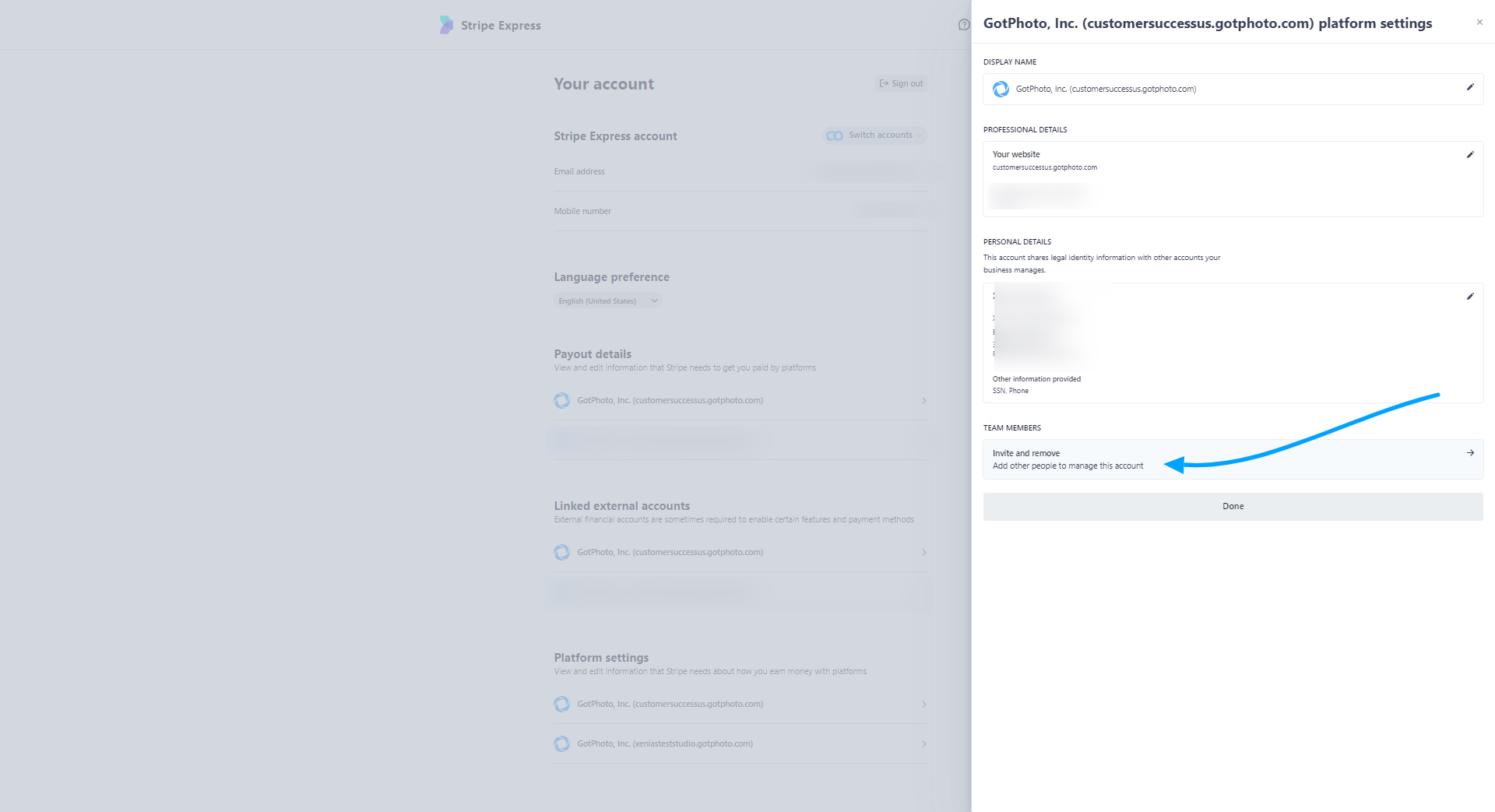 Stripe Dashboard user menu showing platform settings
