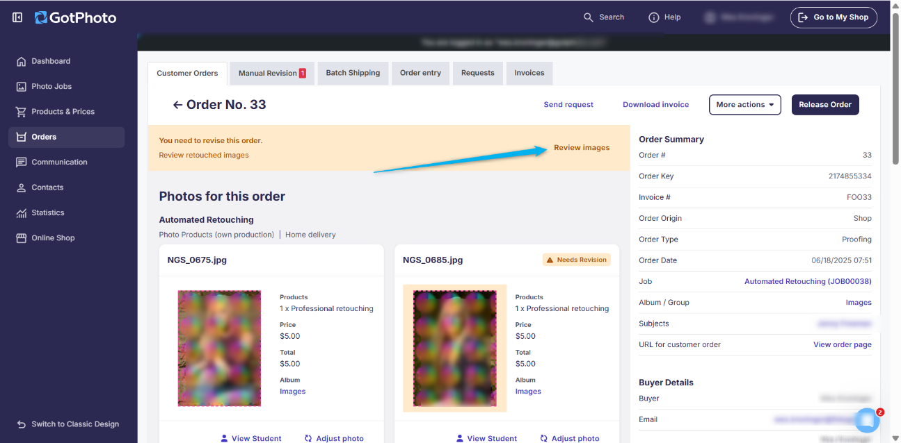 manual revision review screen with review images button