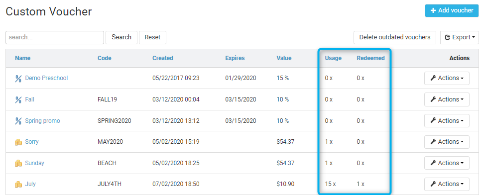 Voucher list with Usage and Redeemed columns