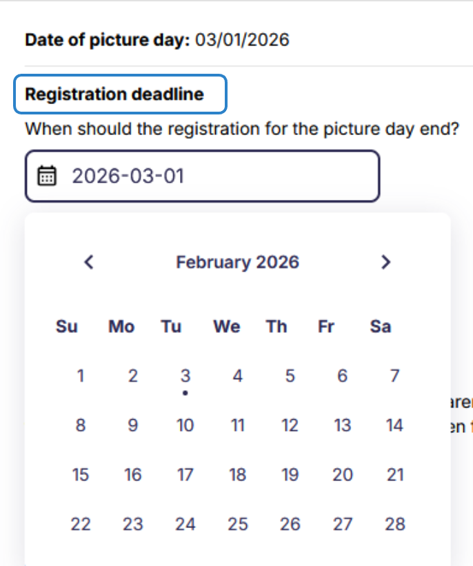 Registration for Picture Day day picker