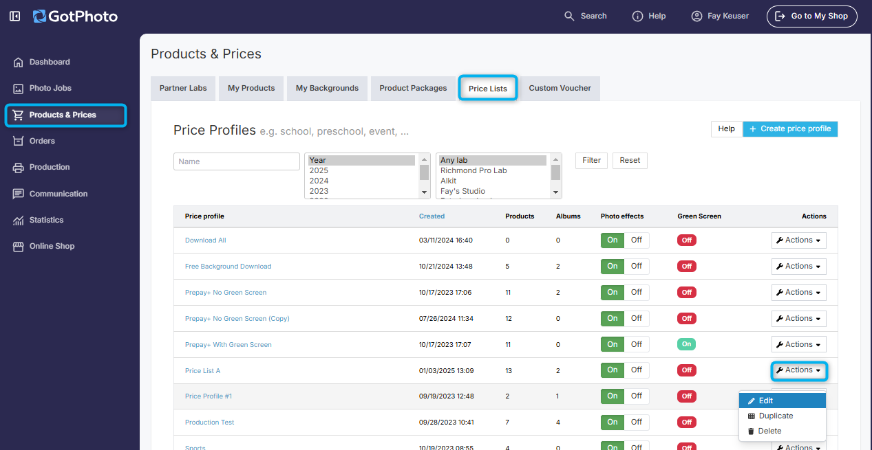 Price profile editing menu showing Actions dropdown.