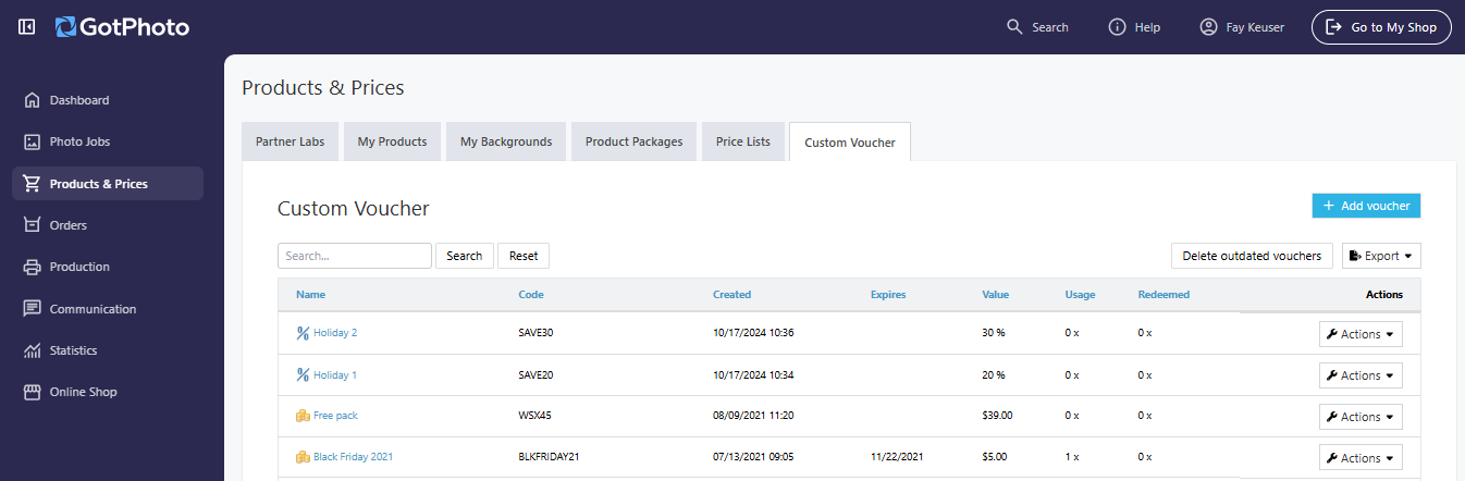 Custom Voucher tab in Products & Prices
