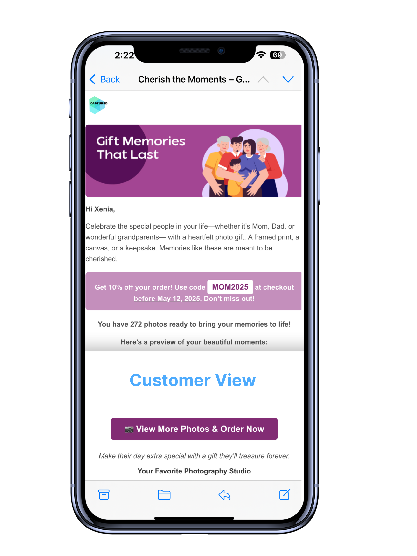 Example of customer view of the email