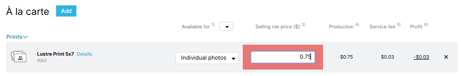 Warning state when selling price is below production cost
