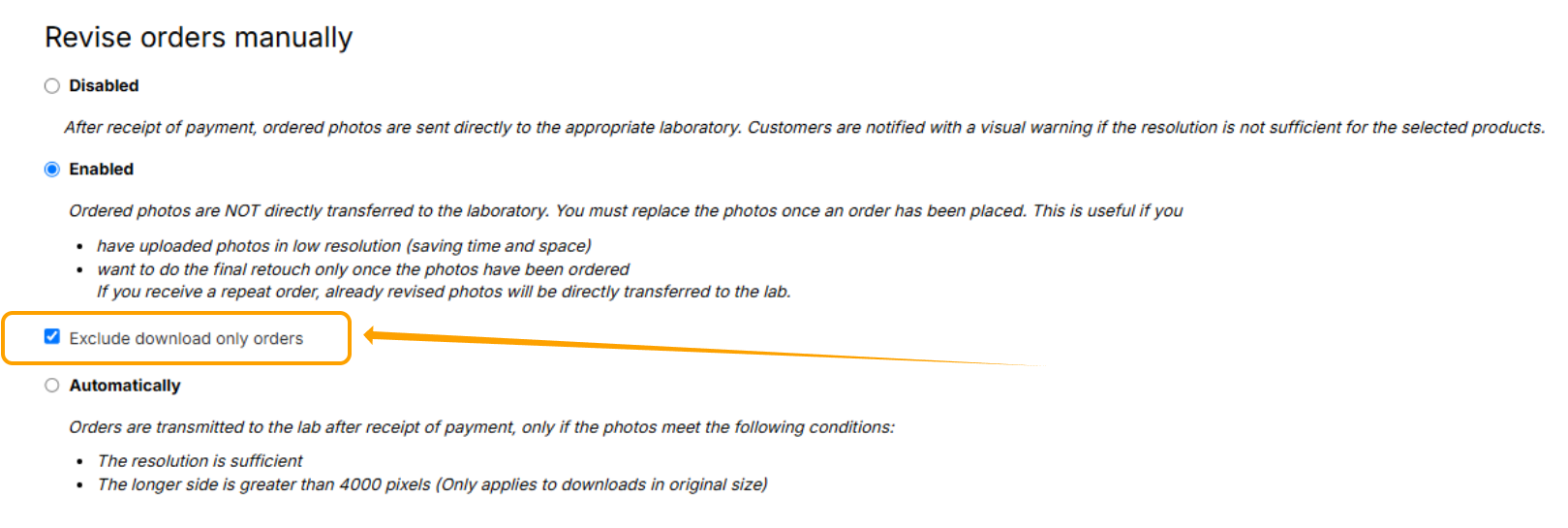 Manual revision settings showing the option to exclude download-only orders