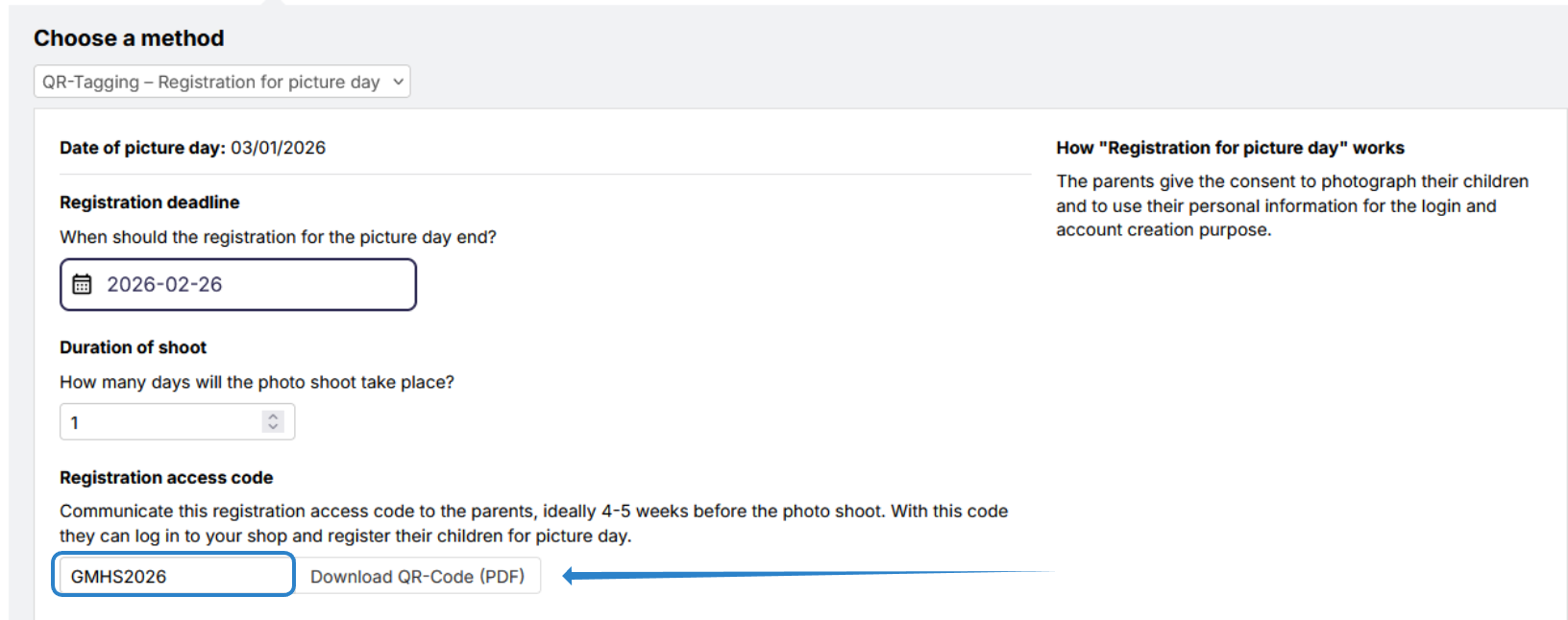 Job registration settings. Arrow points to option to download registration code.