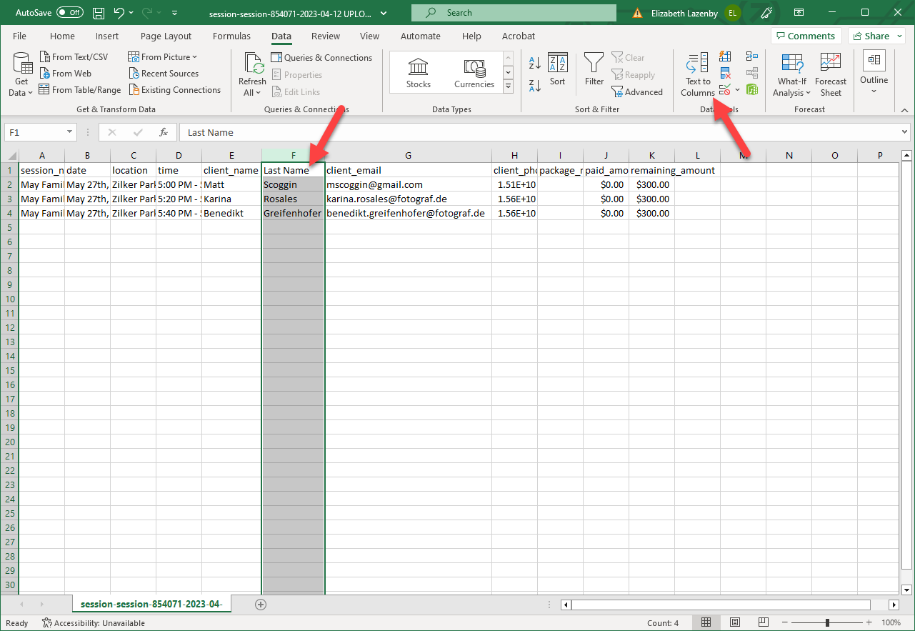 Spreadsheet example showing separate first and last name columns