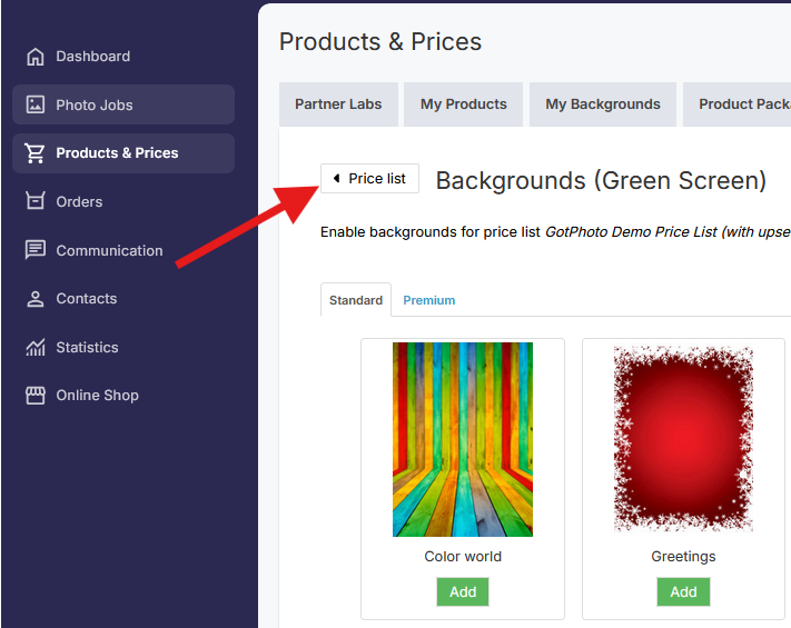 Price list button for returning to the price list overview