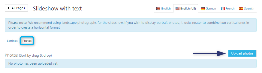 Upload photos to slideshow page