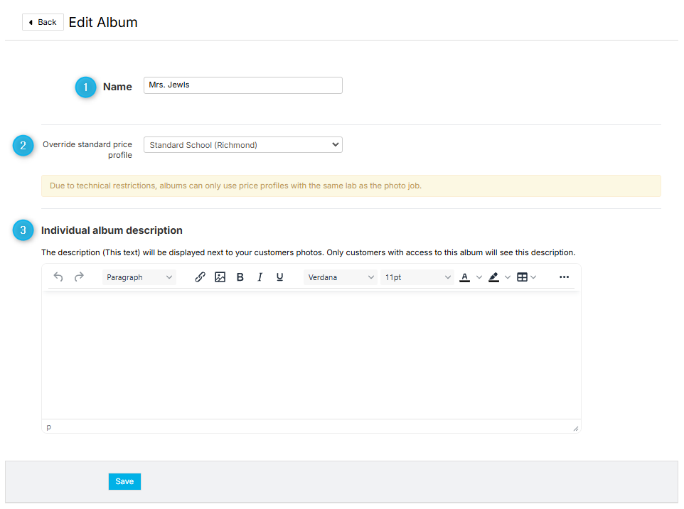 GotPhoto album settings interface with options to modify name, attach price list, and add description.