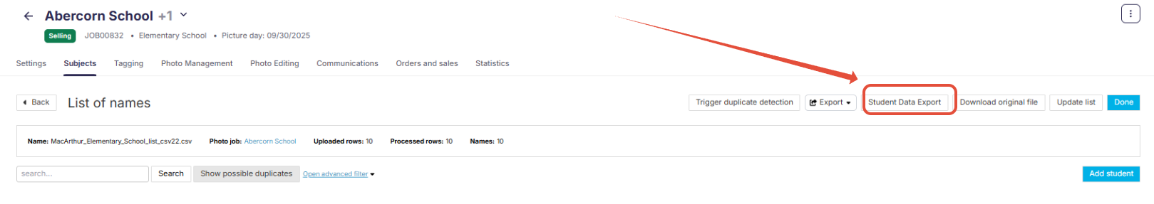 A screenshot highlighting the 'Student data export' button on the Job Names List page.