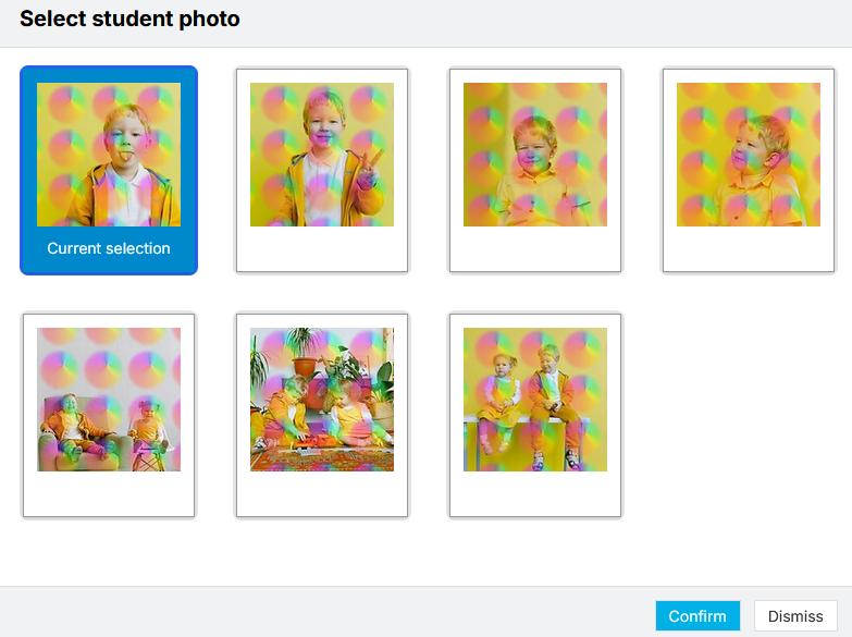 Student Data Export preview:  Screen that allows selection of a different photo