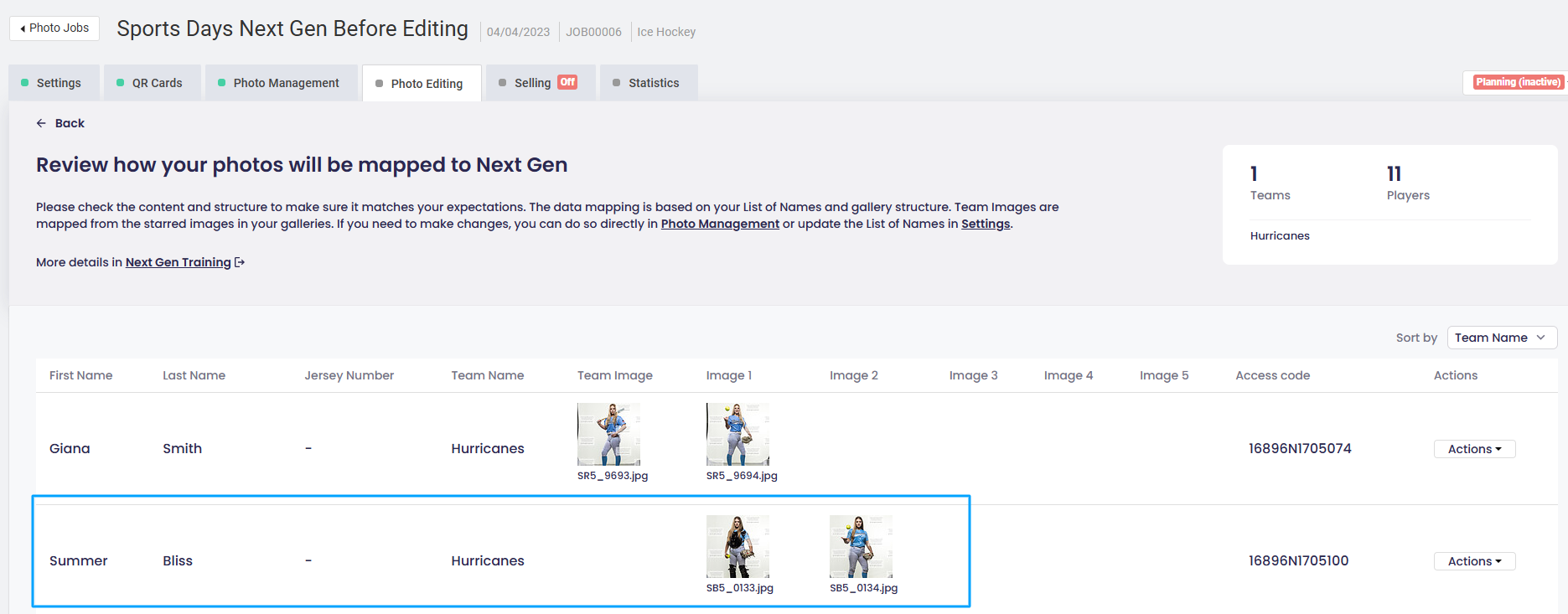 Team photo appears in the wrong spot on the matching page