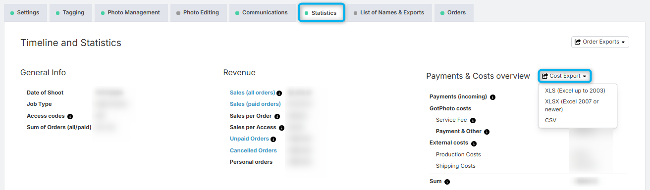 Payments and costs export view