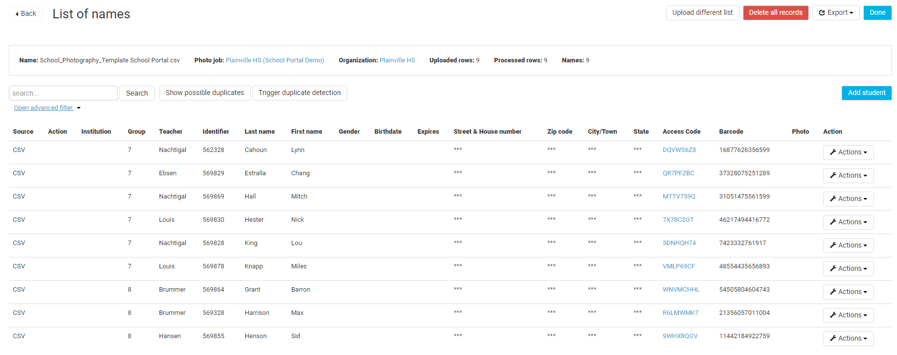 Imported names list view within platform