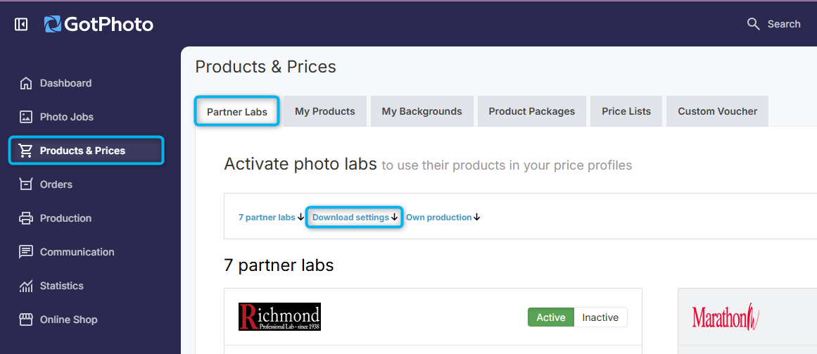 Download settings link on the Partner Labs tab