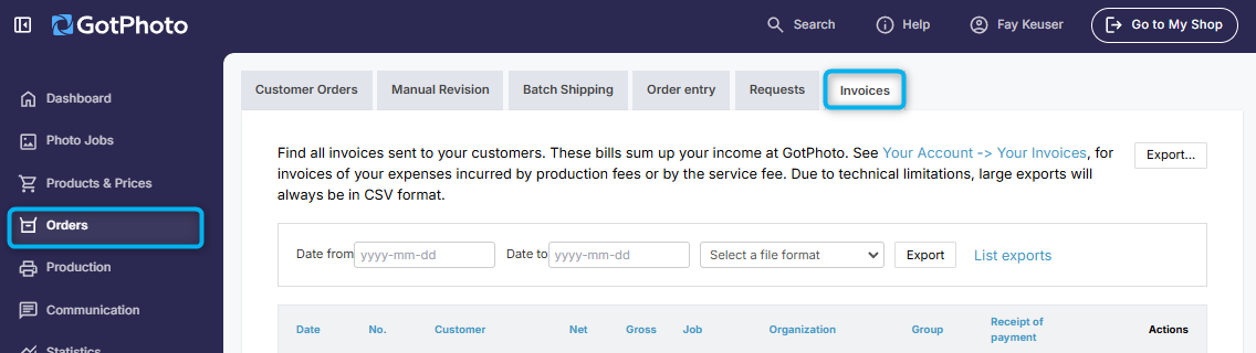Invoices export tab