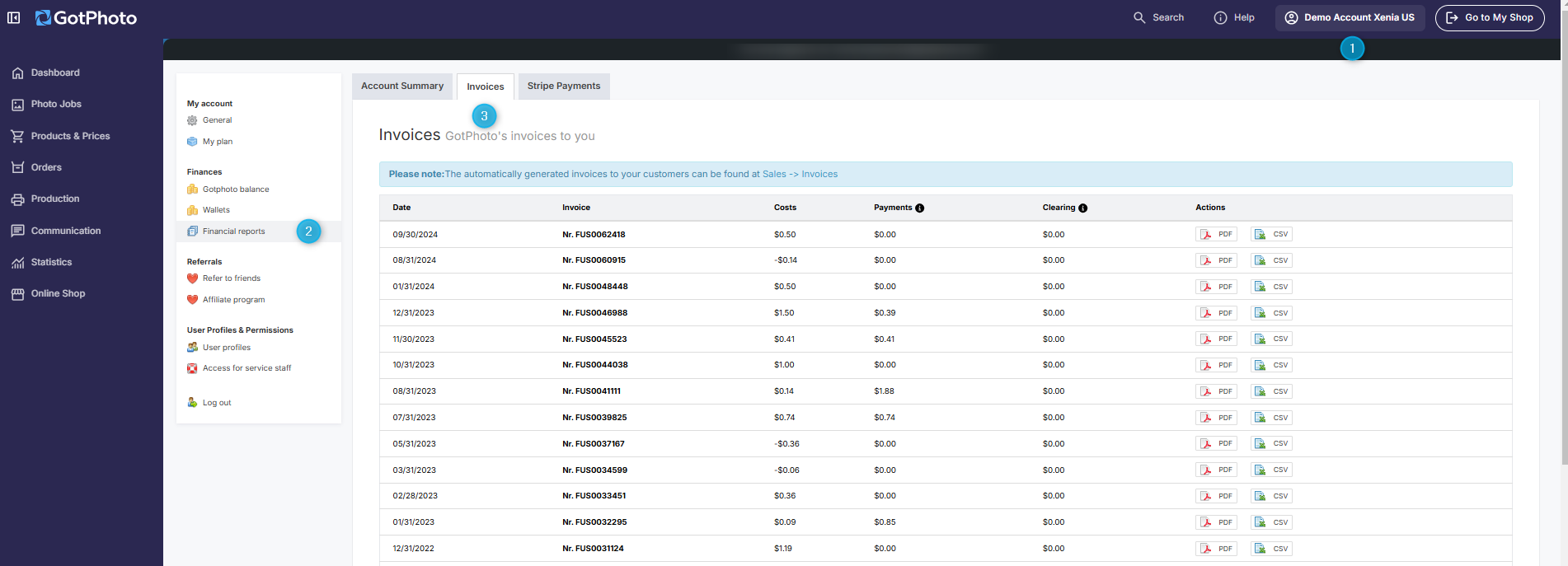 Navigation menu showing Finances and Invoices options