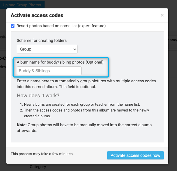 Field to name sibling photo album during upload process.