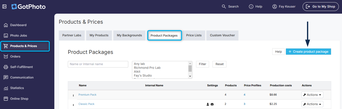 Create product package button