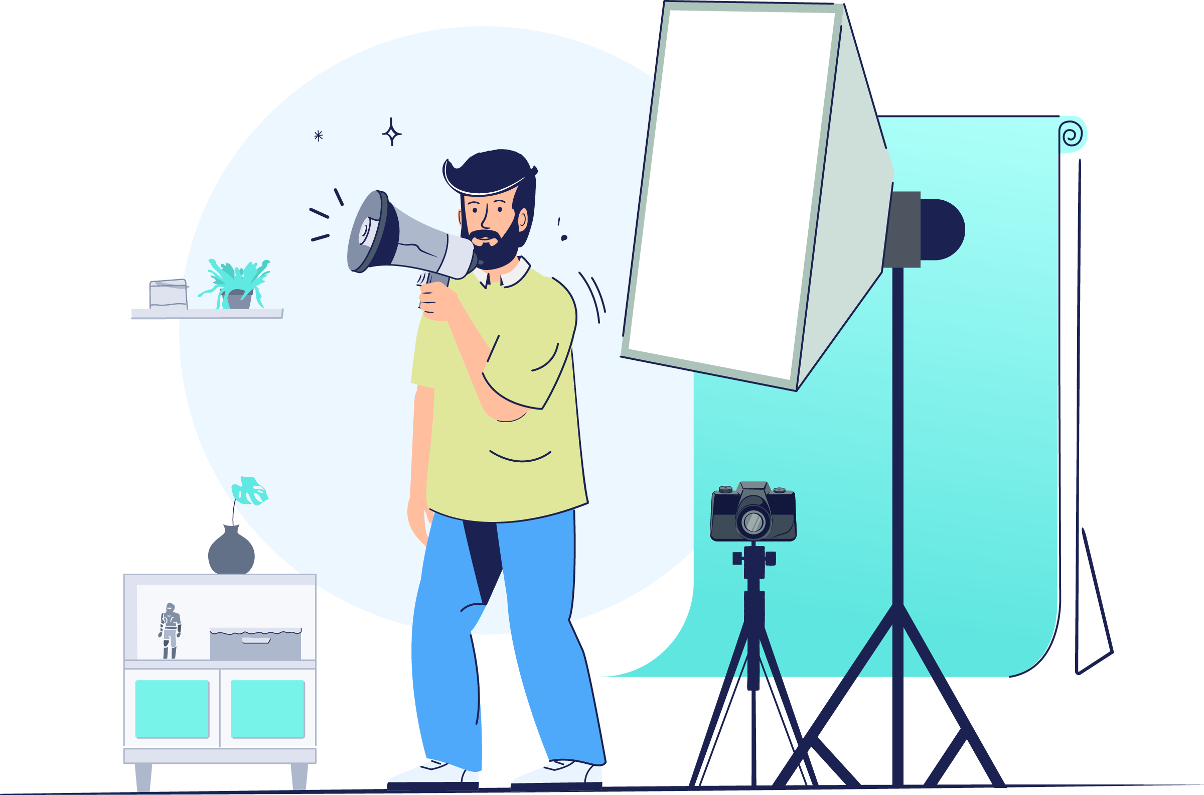 Illustration of a photographer in a studio holding a megaphone, standing next to a large softbox light, camera on a tripod, and a turquoise backdrop.