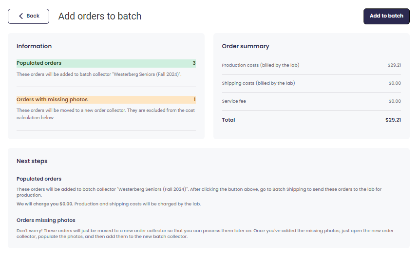 Add to batch screen showing 3 populated orders, 1 missing photos.