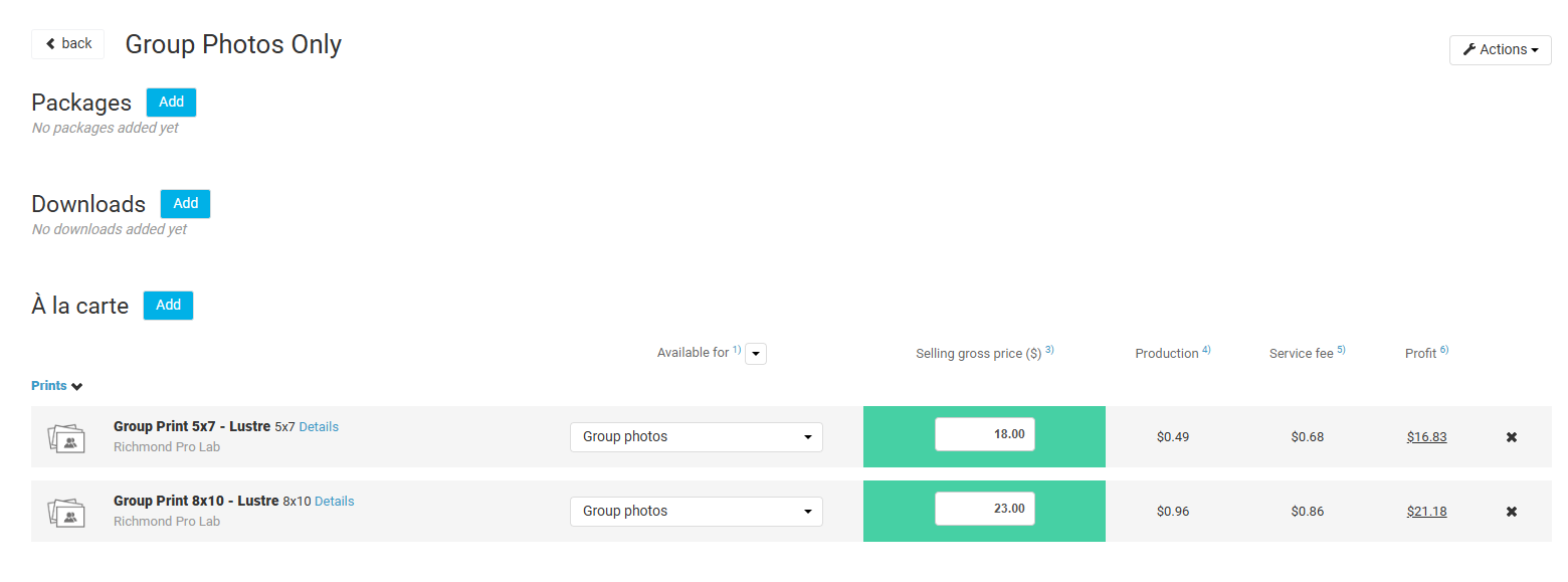 Price profile setup showing group photo prints only.