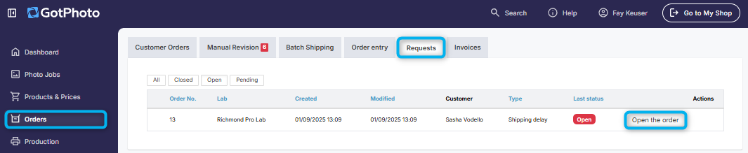 Requests tab in GotPhoto