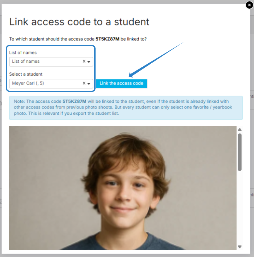 Screenshot showing how to link access code to a student.