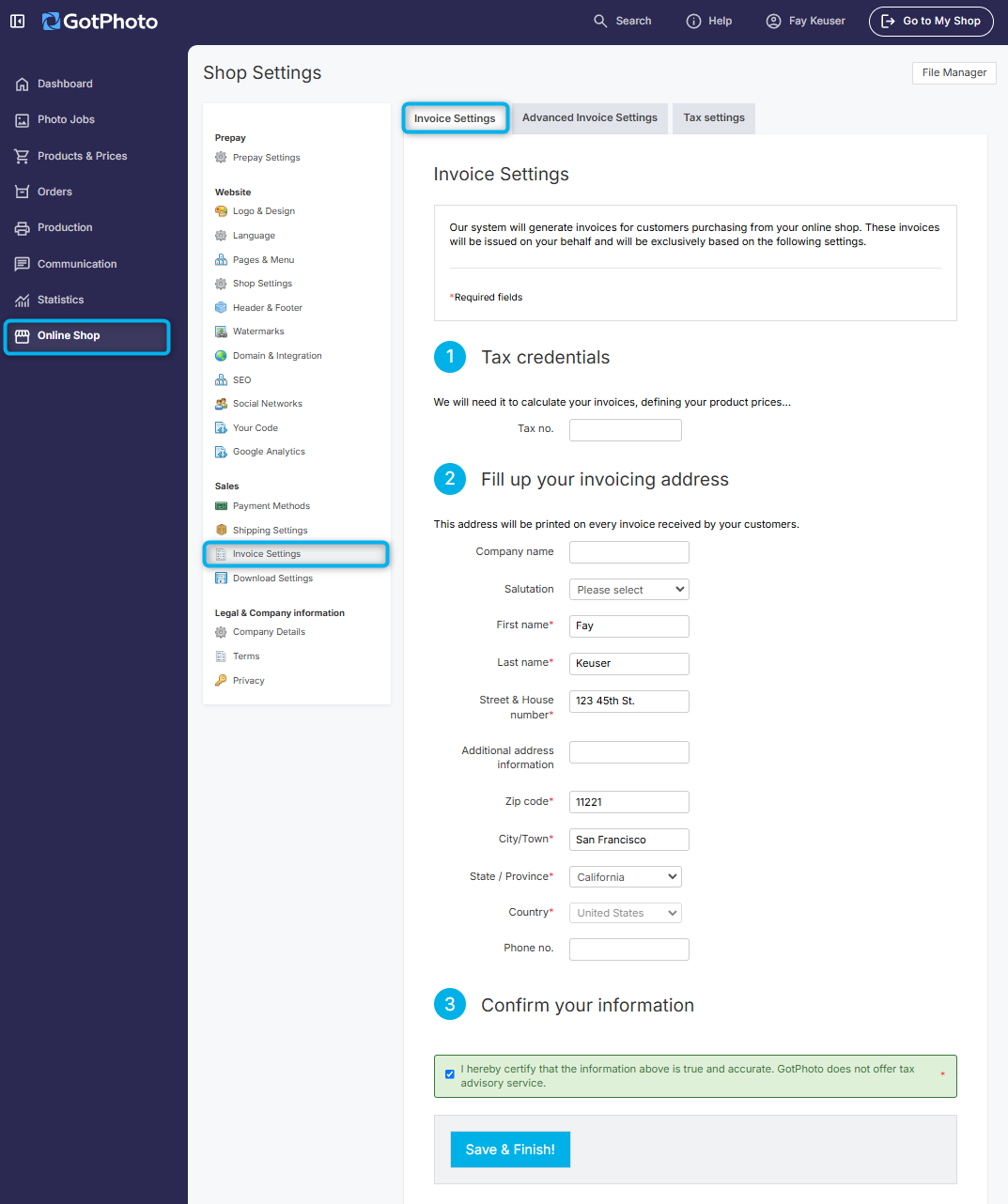 Mandatory invoice settings view