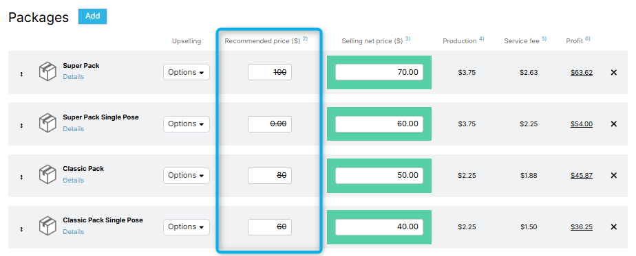 Recommended price column for packages
