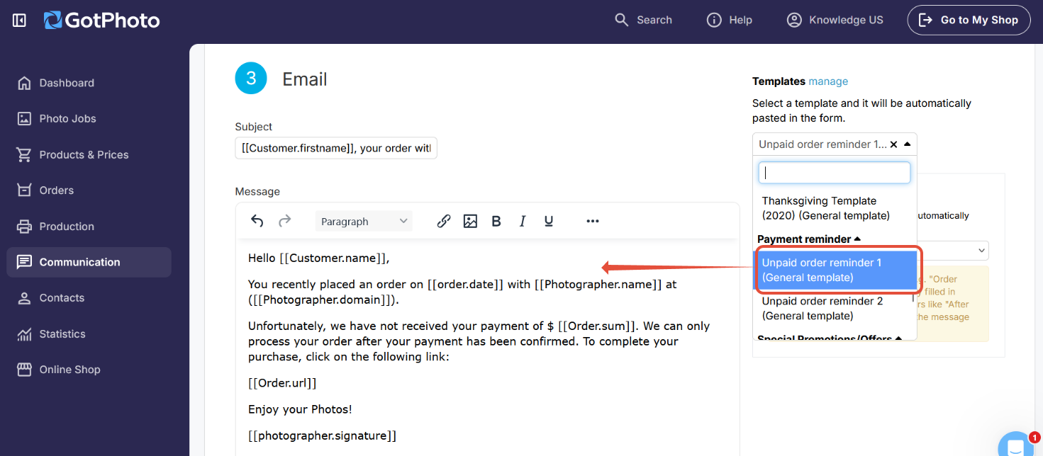 Pre-written unpaid order reminder template