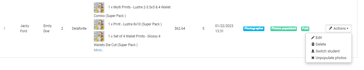 Paid order with photos populated; Actions menu open.