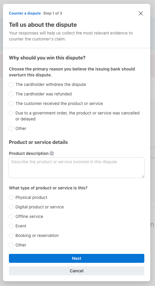 Stripe evidence submission screen