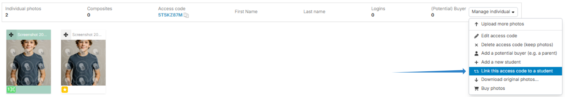 Screenshot showing the "link the acces code to a student" button.