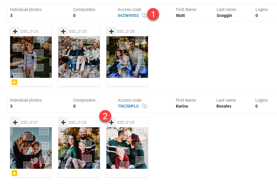 Album view showing clients auto-sorted to access codes