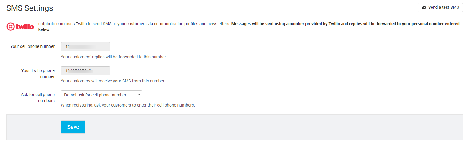 Twilio test SMS confirmation interface.