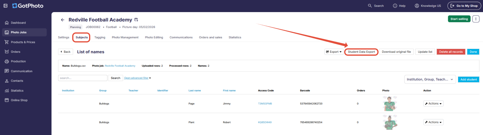 Student data export option in Subjects tab