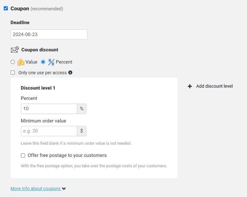 Coupon setup screen with a 10% discount and June 23, 2024 deadline selected.