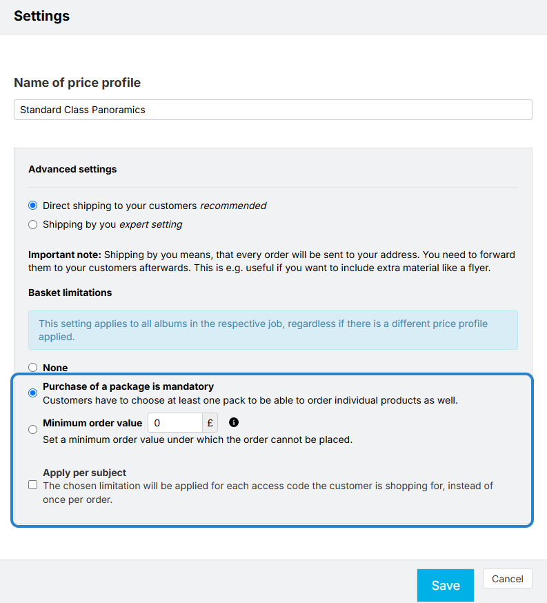 Settings page showing options for price profiles and basket limitations with 'Purchase of a package is mandatory' selected.