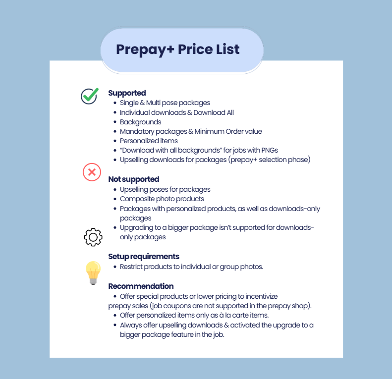 Prepay+ price list checklist