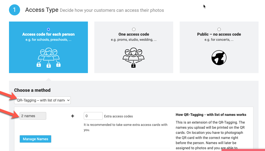 QR Tagging with names enabled and name list present
