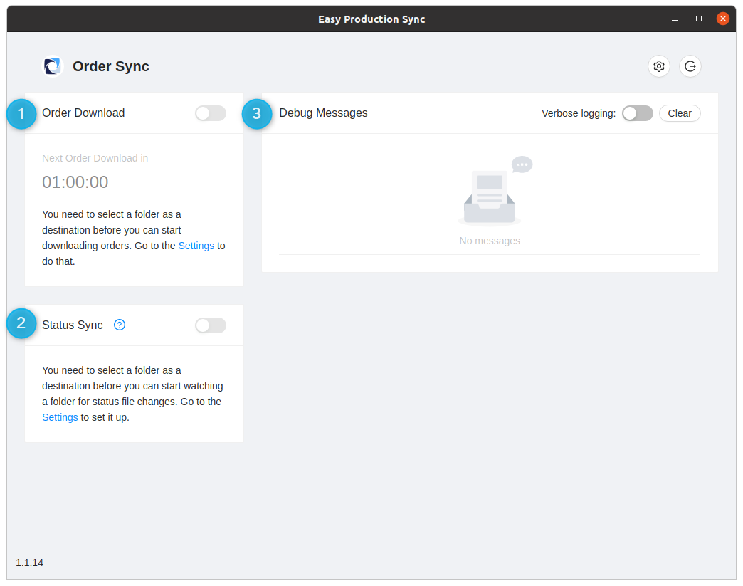 App main screen showing Order download, Status sync, and Debug messages
