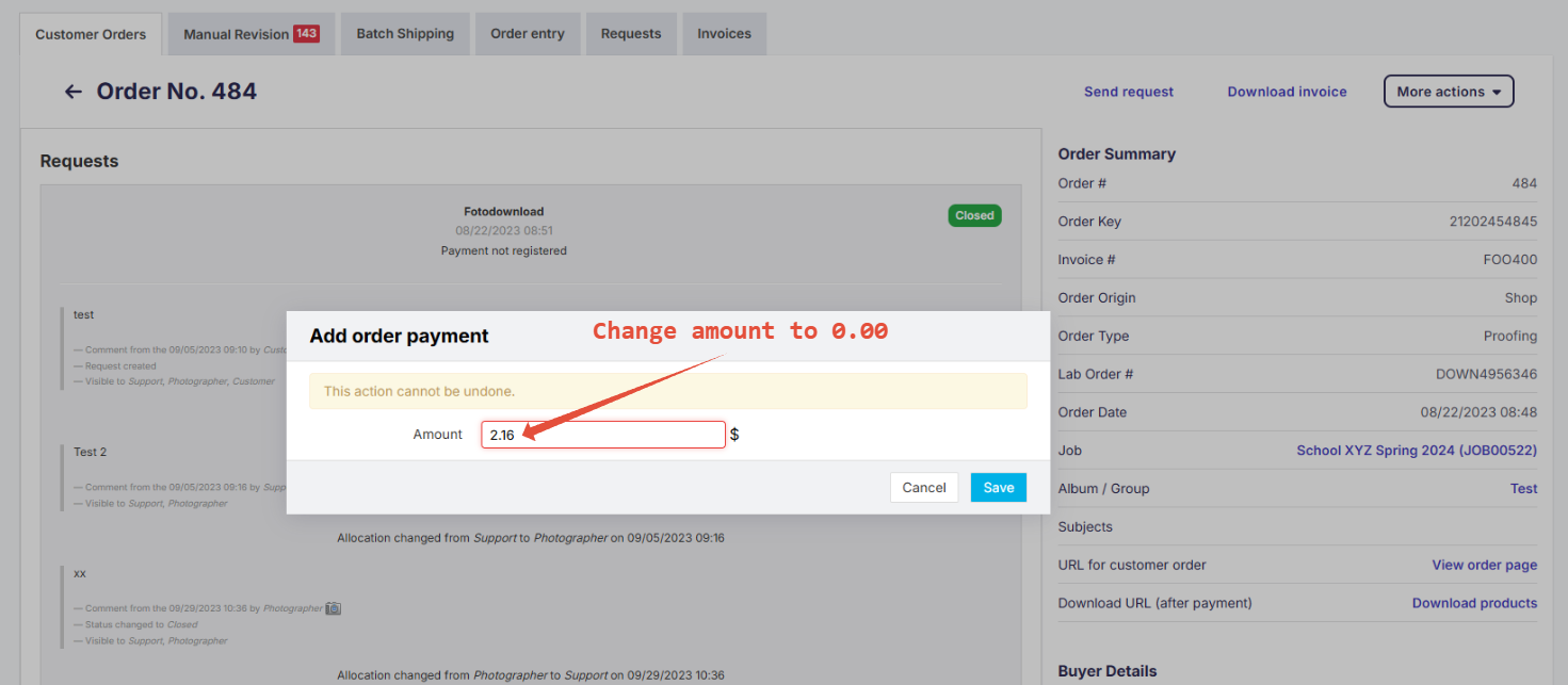 Add order payment popup with editable amount field
